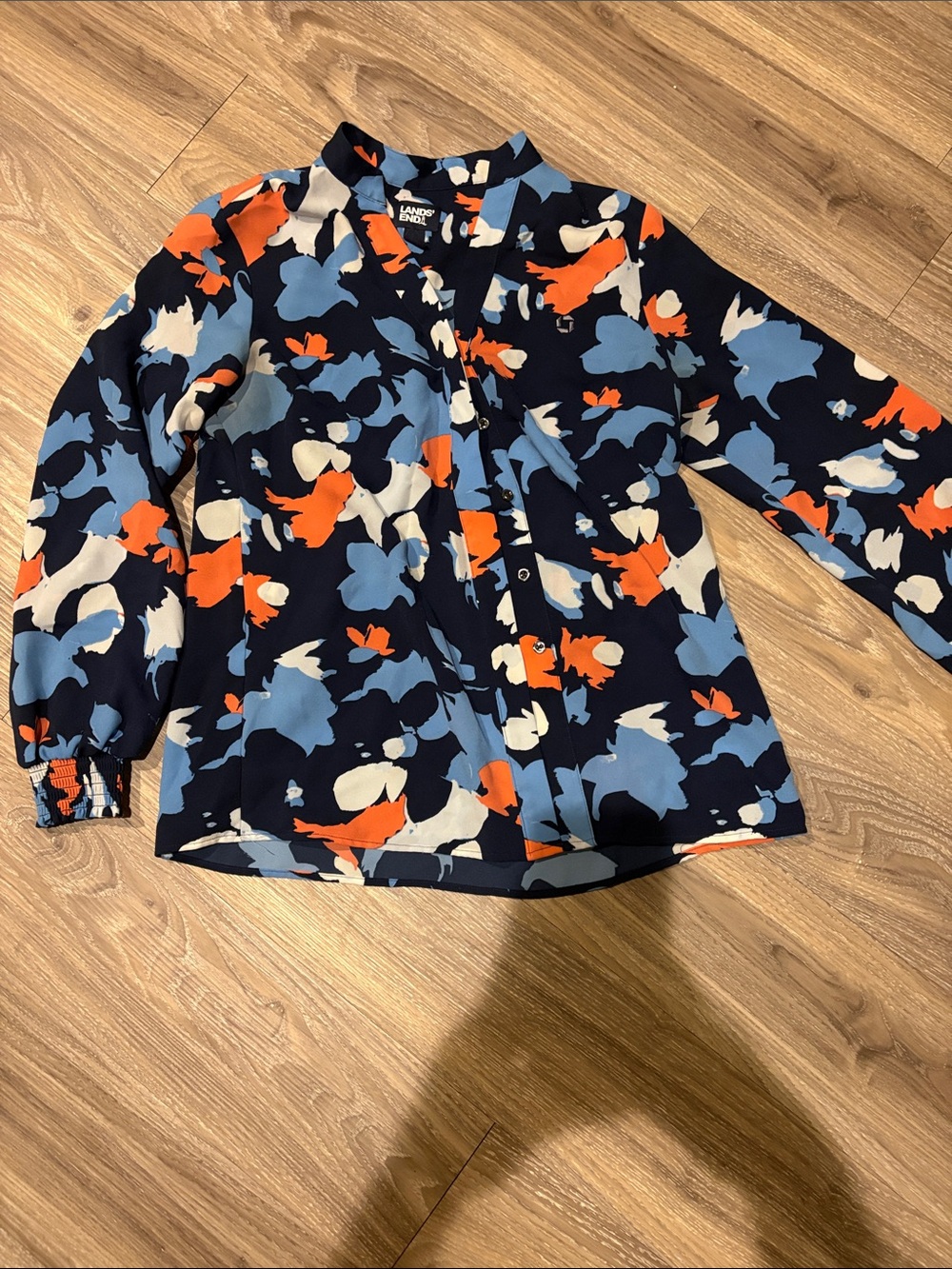 Lands' End Navy Blue Orange Cream Floral Button-Down Blouse